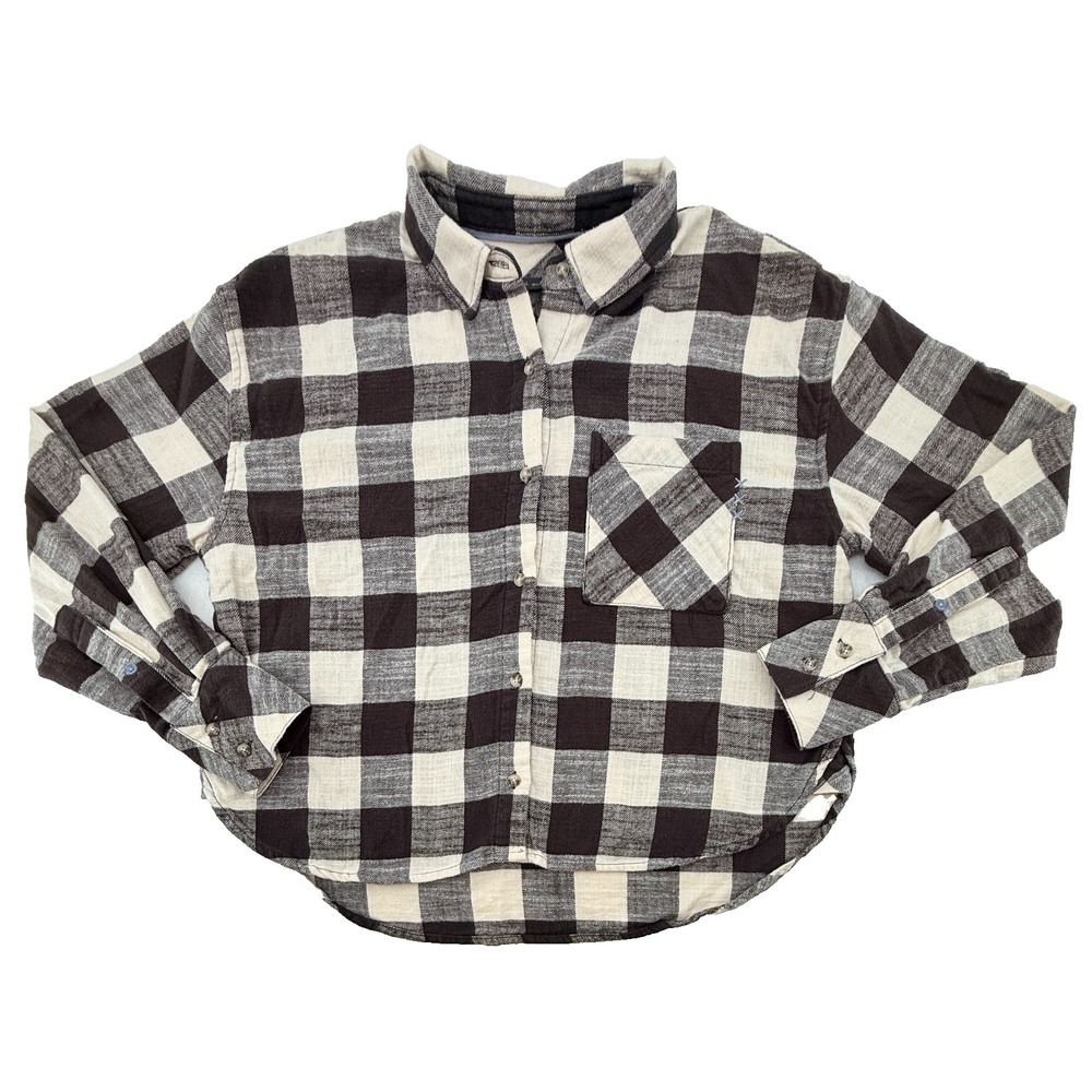 Scotch & Soda Womens Cropped Flannel Shirt Brown Cream Plaid Button Up S